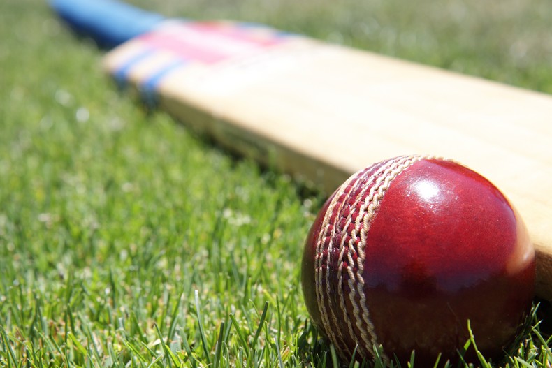 Red Leather Cricket Ball with Bat on Grass